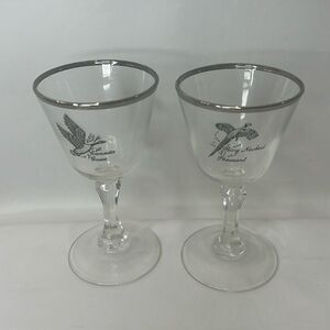 Tiffin Pheasant Grouse Crystal Stem Cocktail Goblet 3 Oz Silver Trim Rim Set 2